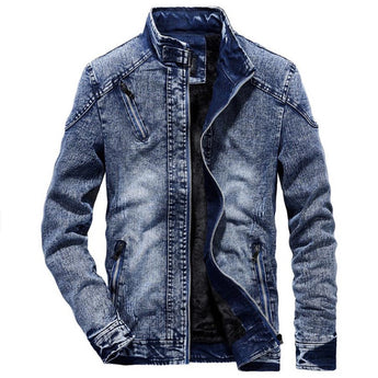 Men's vintage distressed slim fit denim jacket in faded gray with prominent sleeve and collar detailing, featuring a button-up design and a subtle blue tint, available in size 3XL.