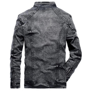 Men's vintage distressed slim fit denim jacket in faded gray with a collar and button-up front, featuring long sleeves and a classic outerwear design.