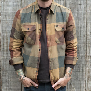 Men's vintage plaid flannel shirt in multicolor, featuring a tartan pattern with grey and beige hues. The shirt has long sleeves, a classic collar, and is designed as a rugged outdoor overshirt in size 4XL.