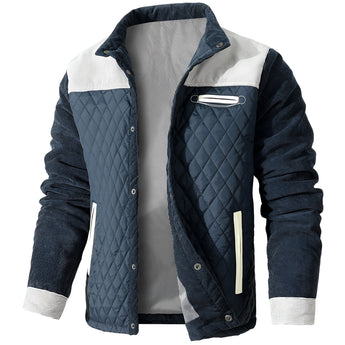 Men's vintage quilted denim jacket in white, featuring suede patches, long sleeves, and a collared neck, size 2XL.