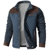 Men's vintage quilted denim jacket featuring brown suede patches, designed with long sleeves, collar, and a 2XL fit.