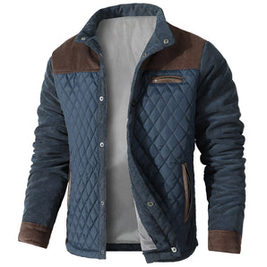 Men's vintage quilted denim jacket featuring brown suede patches, designed with long sleeves, collar, and a 2XL fit.