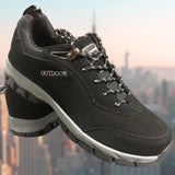 Men's waterproof brown hiking shoes with durable, non-slip, lightweight design, featuring a grey and black color scheme, suitable for outdoor activities and walking.
