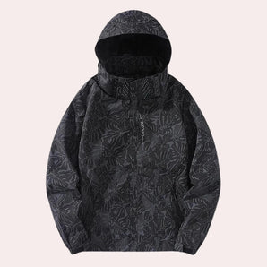 Men's waterproof insulated camo snowboard jacket featuring a windproof design, shown in a grey color with a high collar, long sleeves, and a woolen texture.