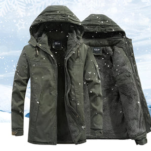 Men's green waterproof insulated hooded winter jacket in size 3XL, featuring a thermal and breathable design with a parka style and a full-length sleeve, displayed against a snowy background.