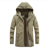 Men's waterproof insulated hooded winter jacket in beige, size 3XL, featuring a collar, pockets, and long sleeves.