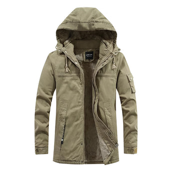 Men's waterproof insulated hooded winter jacket in beige, size 3XL, featuring a collar, pockets, and long sleeves.