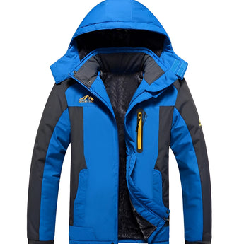 Men's blue waterproof insulated hooded winter jacket with long sleeves and a high collar, available in size 5XL.