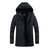 Men's black waterproof insulated winter jacket with a hood, featuring long sleeves, a collar, and multiple pockets. The jacket is designed for thermal insulation and breathability, suitable for cold weather conditions.
