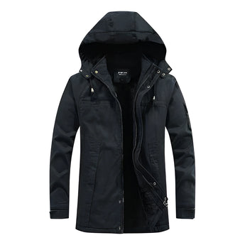 Men's black waterproof insulated winter jacket with a hood, featuring long sleeves, a collar, and multiple pockets. The jacket is designed for thermal insulation and breathability, suitable for cold weather conditions.