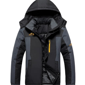 Men's waterproof insulated hooded winter jacket in black and grey, featuring a large size 5XL with long sleeves, a high collar, and multiple pockets for practicality.