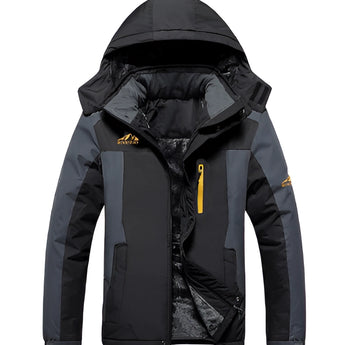 Men's waterproof insulated hooded winter jacket in black and grey, featuring a large size 5XL with long sleeves, a high collar, and multiple pockets for practicality.