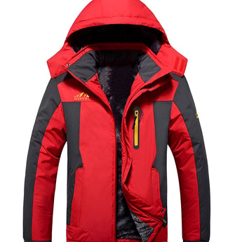 Men's red waterproof insulated hooded winter jacket in size 5XL featuring a high collar and long sleeves.