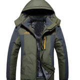 Men's waterproof insulated hooded winter jacket in light green, featuring a sleek design with a grey collar and sleeves, suitable for cold weather.