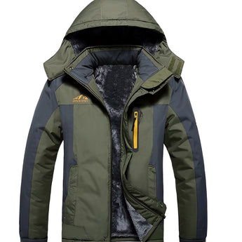 Men's waterproof insulated hooded winter jacket in light green, featuring a sleek design with a grey collar and sleeves, suitable for cold weather.