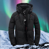 Men's black waterproof insulated parka with a heavy-duty hood, designed for winter, shown in 3XL size with long sleeves and a high collar, set against a snowy background.