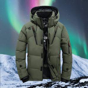 Men's heavy-duty hooded winter parka in military green, size 3XL, featuring waterproof material and insulated design, with a focus on the coat's sleeve and collar detailing, suitable for snowy environments.