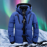 Men's blue waterproof insulated parka in size 3XL, featuring a heavy-duty hood, designed for winter conditions with snow in the background.