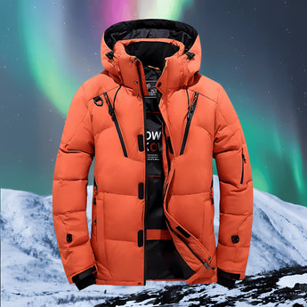 Men's orange waterproof insulated parka, 3XL size, featuring a heavy-duty design with a hood, long sleeves, and protective outerwear suitable for winter conditions.