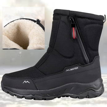 Men's black waterproof insulated winter boots with slip-resistant soles, designed for outdoor use in snowy conditions and available in size 46.