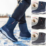 Men's black and grey waterproof insulated winter boots with slip-resistant sole, designed for snow and cold weather conditions.