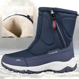 Men's blue waterproof insulated winter boots, slip-resistant with synthetic rubber outsole, designed for snow and cold weather, size 46.
