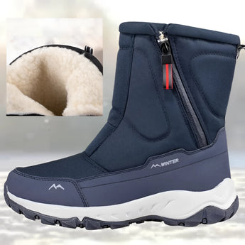 Men's blue waterproof insulated winter boots, slip-resistant with synthetic rubber outsole, designed for snow and cold weather, size 46.