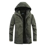 Men's olive green insulated military parka jacket with a high collar and long sleeves.