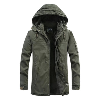 Men's olive green insulated military parka jacket with a high collar and long sleeves.