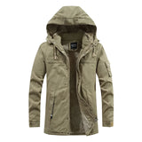 Men's olive green military parka jacket with a waterproof exterior, insulated lining, and multiple pockets, featuring long sleeves and a high collar, available in size 4XL.