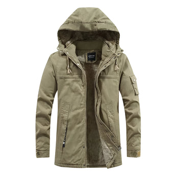 Men's olive green military parka jacket with a waterproof exterior, insulated lining, and multiple pockets, featuring long sleeves and a high collar, available in size 4XL.
