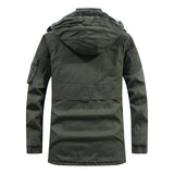 Men's olive green military parka jacket with a waterproof and insulated design, featuring long sleeves, a high collar, and multiple pockets for practicality.
