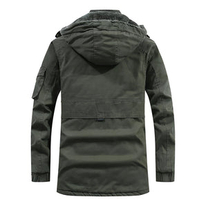 Men's olive green military parka jacket with a waterproof and insulated design, featuring long sleeves, a high collar, and multiple pockets for practicality.