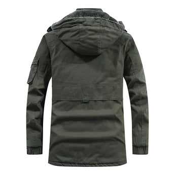Men's olive green military parka jacket with a waterproof and insulated design, featuring long sleeves, a high collar, and multiple pockets for practicality.