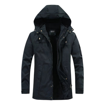 Men's waterproof olive green insulated military parka jacket with a full-length design, featuring a high collar, long sleeves, multiple pockets, and button closures.