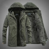 Men's olive green military parka jacket featuring a waterproof exterior, insulated lining, and a fur-trimmed collar, with long sleeves and a classic coat design.