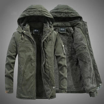 Men's olive green military parka jacket featuring a waterproof exterior, insulated lining, and a fur-trimmed collar, with long sleeves and a classic coat design.