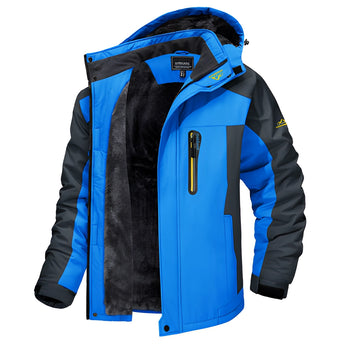 Men's blue waterproof thermal insulated windproof fleece winter jacket in 3XL size, featuring a high collar, long sleeves, and sturdy construction designed for cold weather.