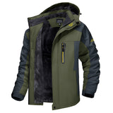 Men's green waterproof thermal insulated windproof fleece winter jacket in size 3XL, featuring a high collar, long sleeves, and multiple pockets for storage.