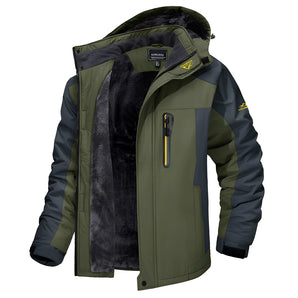 Men's green waterproof thermal insulated windproof fleece winter jacket in size 3XL, featuring a high collar, long sleeves, and multiple pockets for storage.