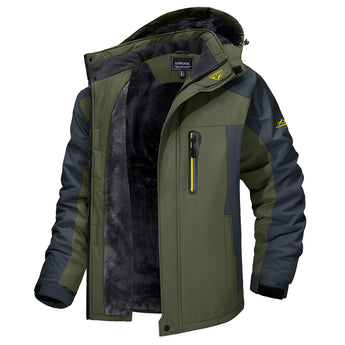 Men's green waterproof thermal insulated windproof fleece winter jacket in size 3XL, featuring a high collar, long sleeves, and multiple pockets for storage.