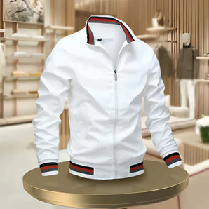 Men's lightweight white bomber jacket with zip-up front, featuring striped trim on the collar, cuffs, and hem, in size 3XL.