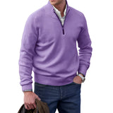 Men's white cashmere quarter-zip sweater in 4XL, featuring a viola-purple hue, classic neck design, and long sleeves, ideal for casual winter fashion.