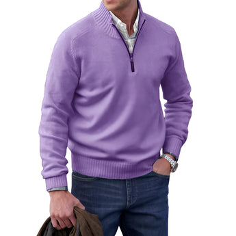 Men's white cashmere quarter-zip sweater in 4XL, featuring a viola-purple hue, classic neck design, and long sleeves, ideal for casual winter fashion.