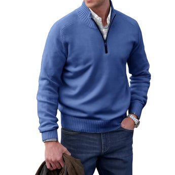Men's blue cashmere quarter-zip sweater in 4XL size, showcasing a person wearing the sweater with visible long sleeves and a stylish, casual fit suitable for winter fashion.