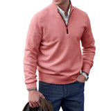 Men's pink 4XL cashmere quarter-zip sweater featuring long sleeves and a casual winter fashion design.