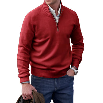 Men's red cashmere quarter-zip sweater featuring a high collar and long sleeves, ideal for casual winter fashion.