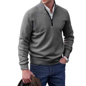 Men's gray quarter-zip cashmere sweater, featuring long sleeves and a sleek neckline, perfect for casual winter fashion.