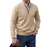 Men's white cashmere quarter-zip sweater in a casual winter fashion style, shown in a khaki color, size 4XL, with long sleeves and a comfortable fit.