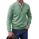 Men's green cashmere quarter-zip sweater in 4XL, featuring a casual winter fashion design with a high collar and long sleeves, shown worn by a model.
